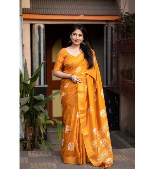 Generic Women's Cotton Crape Printed Saree With Unstitched Blouse 5.5Mtr (Yellow)