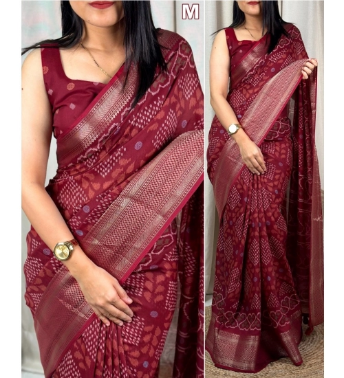 Generic Women's Dola Silk Printed Saree With Unstitched Blouse 5.5Mtr (Maroon)