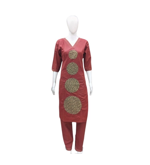 Generic Women's Cotton Blended Printed 3/4th Sleeve V Neck Kurti With Pant Set (Brown)