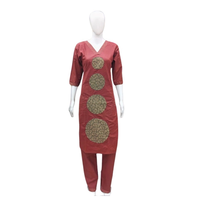 Women's Cotton Blended Printed 3/4th Sleeve V Neck Kurti With Pant Set (Brown) Women's Cotton Blended Printed 3/4th Sleeve V Neck Kurti With Pant Set (Brown)