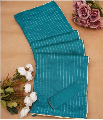 Generic Women's Vichitra Silk Striped Saree With Unstitched Blouse 5.5Mtr (Sky Blue)