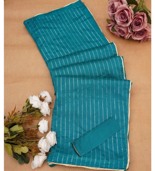 Generic Women's Vichitra Silk Striped Saree With Unstitched Blouse 5.5Mtr (Sky Blue)