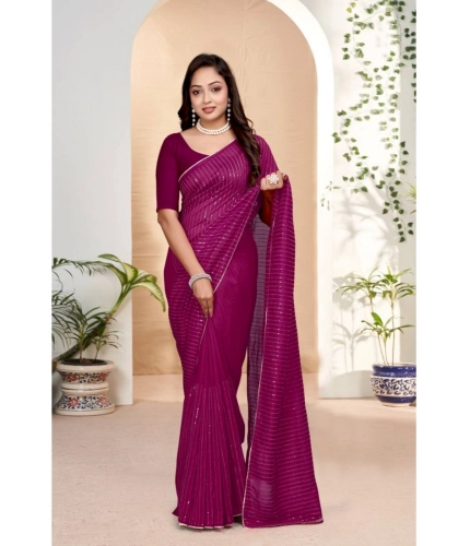 Generic Women's Vichitra Silk Striped Saree With Unstitched Blouse 5.5Mtr (Purple)