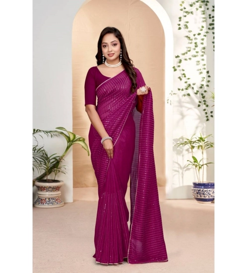 Generic Women's Vichitra Silk Striped Saree With Unstitched Blouse 5.5Mtr (Purple)