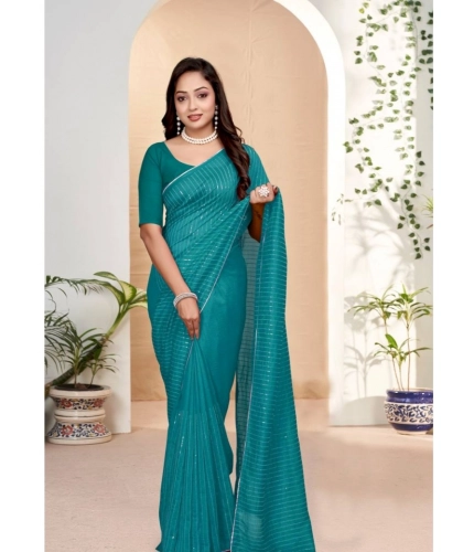 Generic Women's Vichitra Silk Striped Saree With Unstitched Blouse 5.5Mtr (Sky Blue)