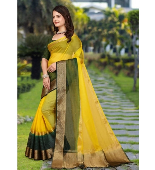 Generic Women's Khadi Cotton  Solid Saree With Unstitched Blouse 5.5Mtr (Yellow)