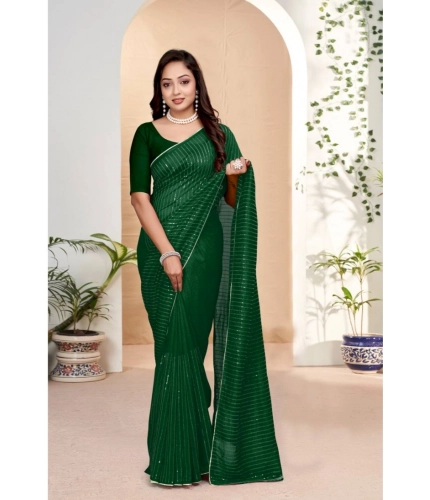 Generic Women's Vichitra Silk Striped Saree With Unstitched Blouse 5.5Mtr (Green)