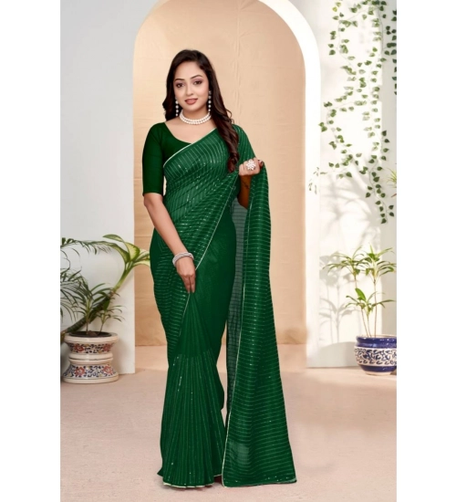 Generic Women's Vichitra Silk Striped Saree With Unstitched Blouse 5.5Mtr (Green)