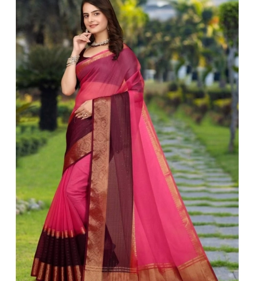 Generic Women's Khadi Cotton  Solid Saree With Unstitched Blouse 5.5Mtr (Pink)