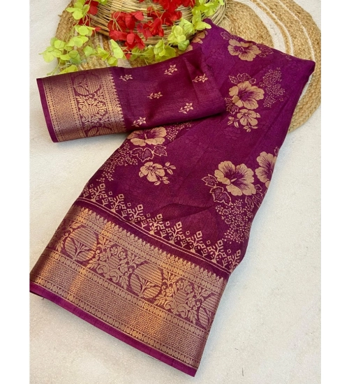 Generic Women's Jacquard Printed Saree With Unstitched Blouse 5.5Mtr (Wine)