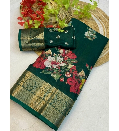 Generic Women's Jacquard Printed Saree With Unstitched Blouse 5.5Mtr (Green)