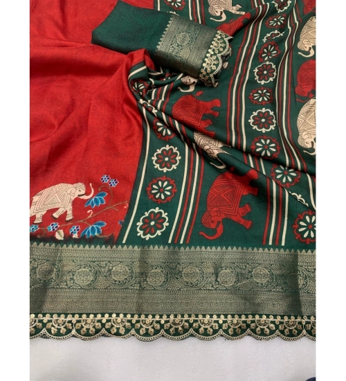 Generic Women's Dola Silk Printed Saree With Unstitched Blouse 5.5Mtr (Red)