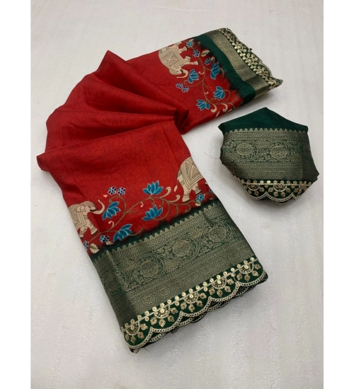 Generic Women's Dola Silk Printed Saree With Unstitched Blouse 5.5Mtr (Red)