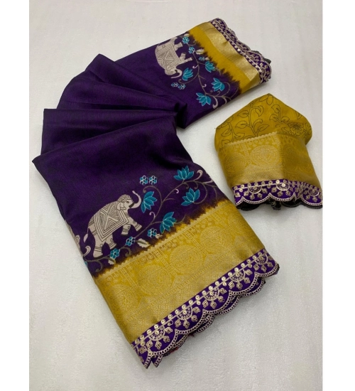 Generic Women's Dola Silk Printed Saree With Unstitched Blouse 5.5Mtr (Purple)