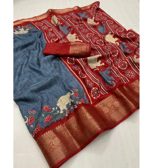 Generic Women's Dola Silk Printed Saree With Unstitched Blouse 5.5Mtr (Grey)
