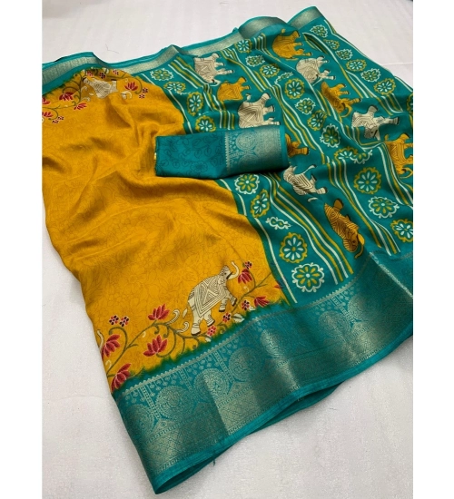 Generic Women's Dola Silk Printed Saree With Unstitched Blouse 5.5Mtr (Mustard)