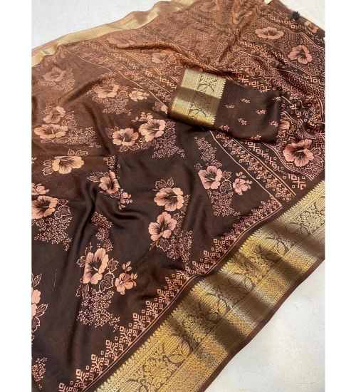 Generic Women's Jacquard Printed Saree With Unstitched Blouse 5.5Mtr (Brown)