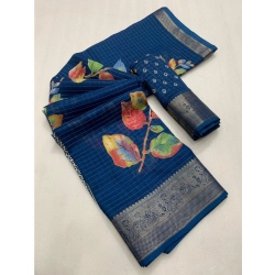 Generic Women's Dola Silk Printed Saree With Unstitched Blouse 5.5Mtr (Blue)