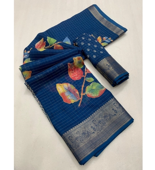 Generic Women's Dola Silk Printed Saree With Unstitched Blouse 5.5Mtr (Blue)