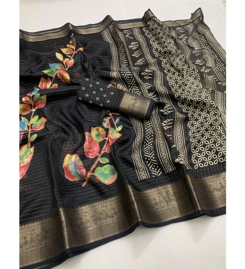 Generic Women's Dola Silk Printed Saree With Unstitched Blouse 5.5Mtr (Black)
