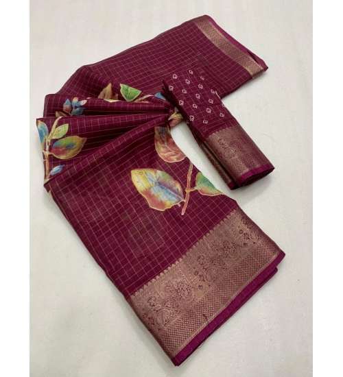 Generic Women's Dola Silk Printed Saree With Unstitched Blouse 5.5Mtr (Wine)