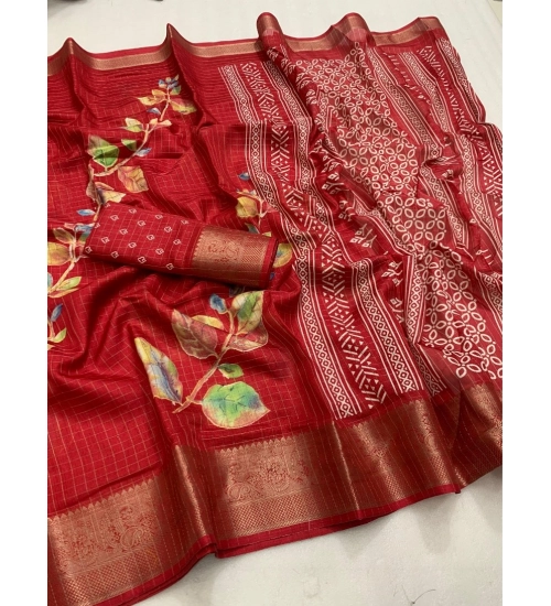 Generic Women's Dola Silk Printed Saree With Unstitched Blouse 5.5Mtr (Red)