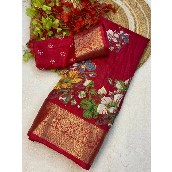 Generic Women's Jacquard Printed Saree With Unstitched Blouse 5.5Mtr (Red)