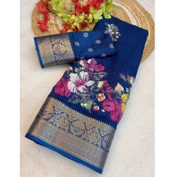 Generic Women's Jacquard Printed Saree With Unstitched Blouse 5.5Mtr (Blue)