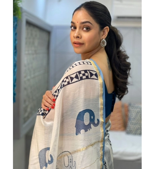 Generic Women's Pure Chanderi Printed Saree With Unstitched Blouse 5.5Mtr (White)