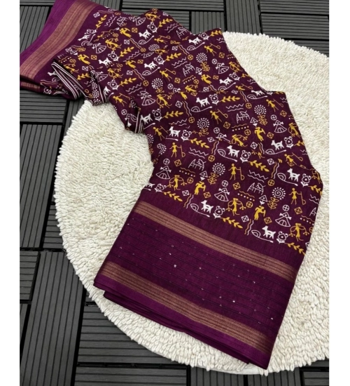 Generic Women's Dola Silk Printed Saree With Unstitched Blouse 5.5Mtr (Wine)