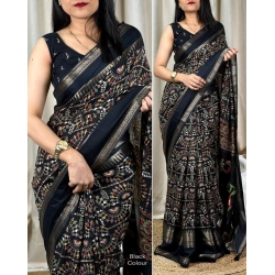 Generic Women's Denting Cotton Printed Saree With Unstitched Blouse 5.5Mtr (Navy Blue)