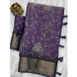 Generic Women's Cotton Zari Printed Saree With Unstitched Blouse 5.5Mtr (Purple)