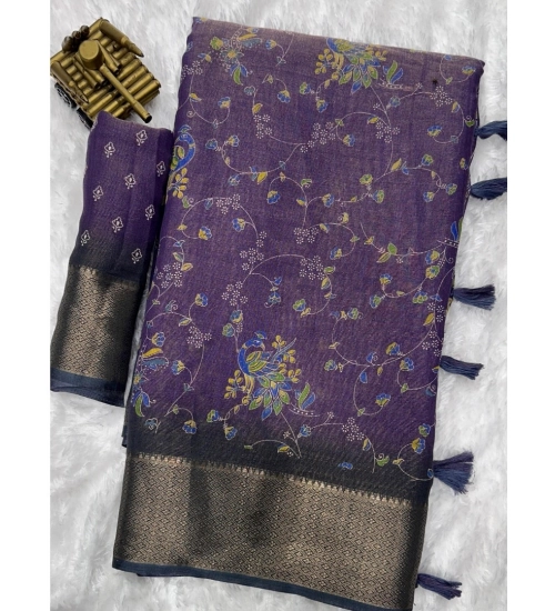 Generic Women's Cotton Zari Printed Saree With Unstitched Blouse 5.5Mtr (Purple)