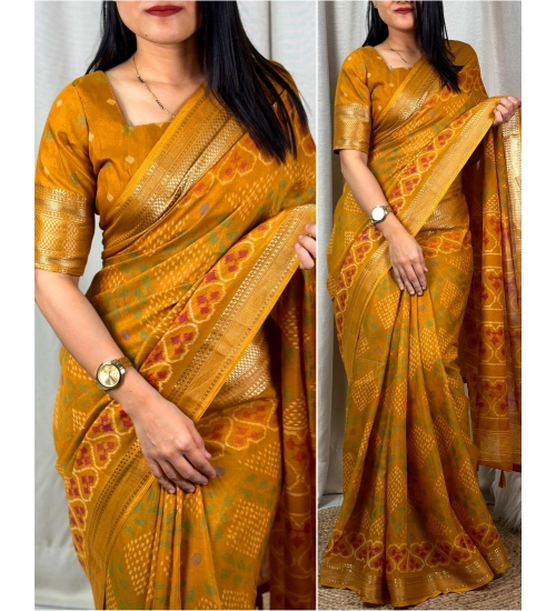 Generic Women's Dola Silk Printed Saree With Unstitched Blouse 5.5Mtr (Yellow)