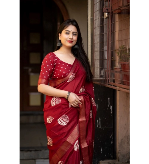 Generic Women's Cotton Crape Printed Saree With Unstitched Blouse 5.5Mtr (Red)
