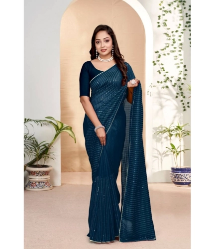 Generic Women's Vichitra Silk Striped Saree With Unstitched Blouse 5.5Mtr (Blue)