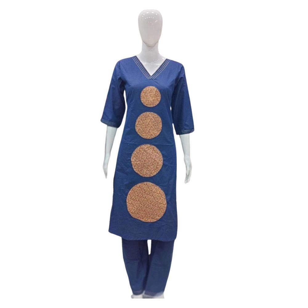 Generic Women's Cotton Blended Printed 3/4th Sleeve V Neck Kurti With Pant Set (Blue) Generic Women's Cotton Blended Printed 3/4th Sleeve V Neck Kurti With Pant Set (Blue)