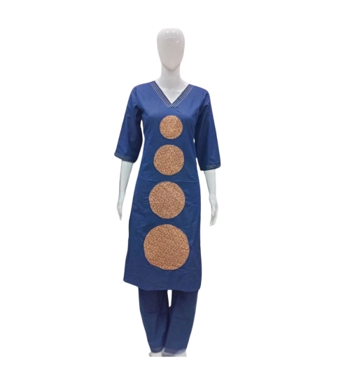 Generic Women's Cotton Blended Printed 3/4th Sleeve V Neck Kurti With Pant Set (Blue)