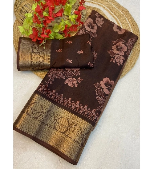 Generic Women's Jacquard Printed Saree With Unstitched Blouse 5.5Mtr (Brown)