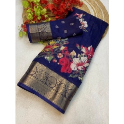 Generic Women's Jacquard Printed Saree With Unstitched Blouse 5.5Mtr (Navy Blue)