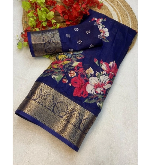 Generic Women's Jacquard Printed Saree With Unstitched Blouse 5.5Mtr (Navy Blue)