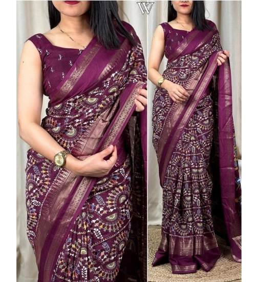 Generic Women's Denting Cotton Printed Saree With Unstitched Blouse 5.5Mtr (Wine)