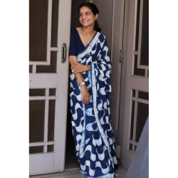 Generic Women's Pure Chanderi Printed Saree With Unstitched Blouse 5.5Mtr (Blue)