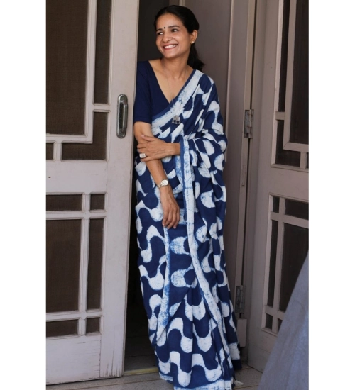 Generic Women's Pure Chanderi Printed Saree With Unstitched Blouse 5.5Mtr (Blue)