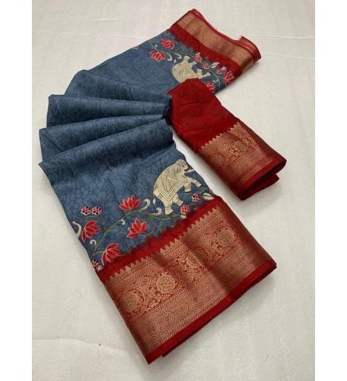 Generic Women's Dola Silk Printed Saree With Unstitched Blouse 5.5Mtr (Grey)