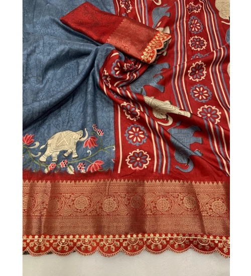 Generic Women's Dola Silk Printed Saree With Unstitched Blouse 5.5Mtr (Grey)