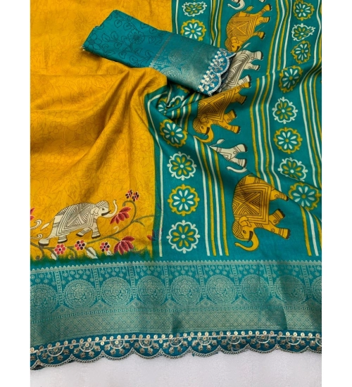 Generic Women's Dola Silk Printed Saree With Unstitched Blouse 5.5Mtr (Mustard)