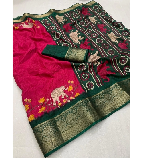 Generic Women's Dola Silk Printed Saree With Unstitched Blouse 5.5Mtr (Pink)