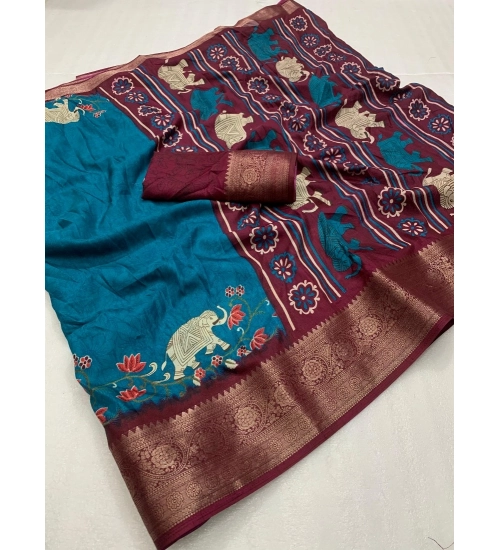 Generic Women's Dola Silk Printed Saree With Unstitched Blouse 5.5Mtr (Blue)