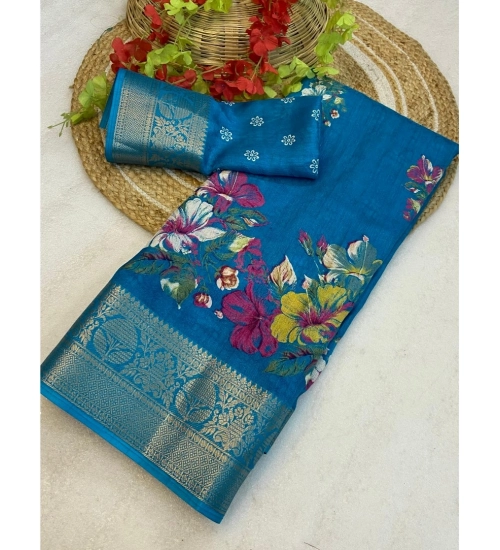 Generic Women's Jacquard Printed Saree With Unstitched Blouse 5.5Mtr (Sky Blue)